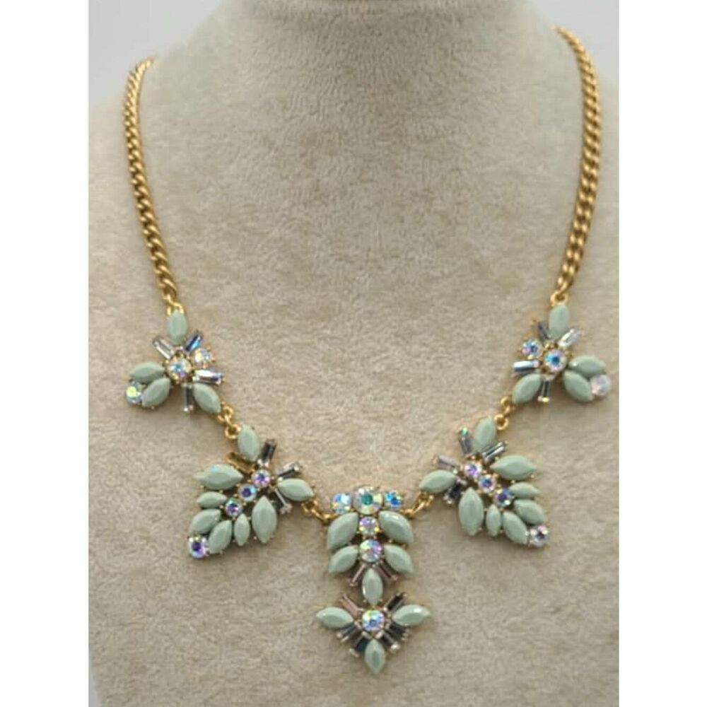 J Crew Mint Green Resin beads with clear & AB crystal Gold Tone Necklace
